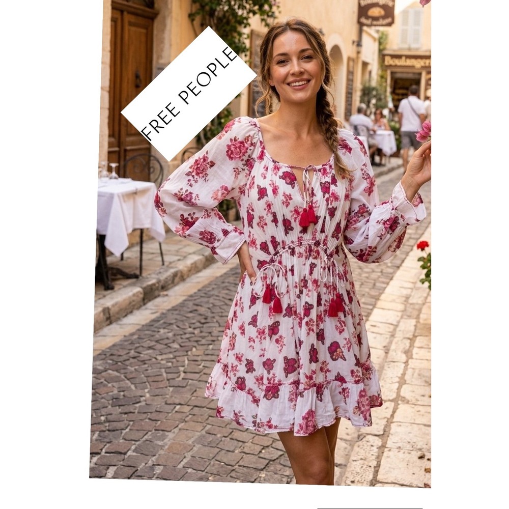 Free People Floral Tassel Mini Dress Pink Purple White Cotton Blend Size M Boho